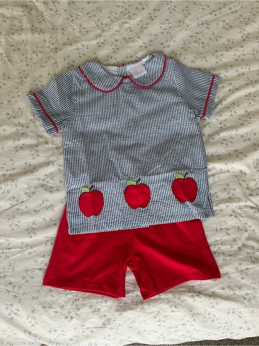 NWT Stitchy Fish Toddler Boy Apple Appliqué Matching Set in Red and Blue